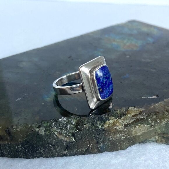 Sterling Silver 925 Signed Boma Bezel Set Rectangular Lapis Lazuli Ring Sz 5.75 - Picture 4 of 16